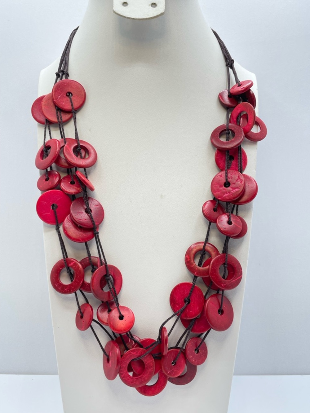Red Wood Disc Statement Necklace Multi Strand Boho Chunky